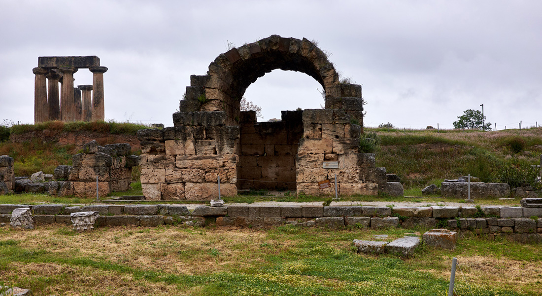 The ruins of the Northwest Shops in the Roman Forum of Ancient Corinth on 6 April 2019